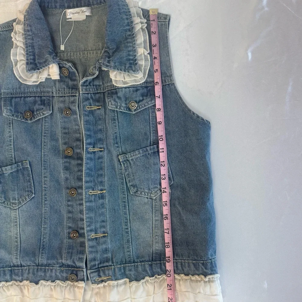 Paisley Vine Ruffled Lace Denim Jeans Vest - Picture 6 of 9